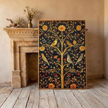 Birds on Floral Tree Canvas Print in antique gold floating frame