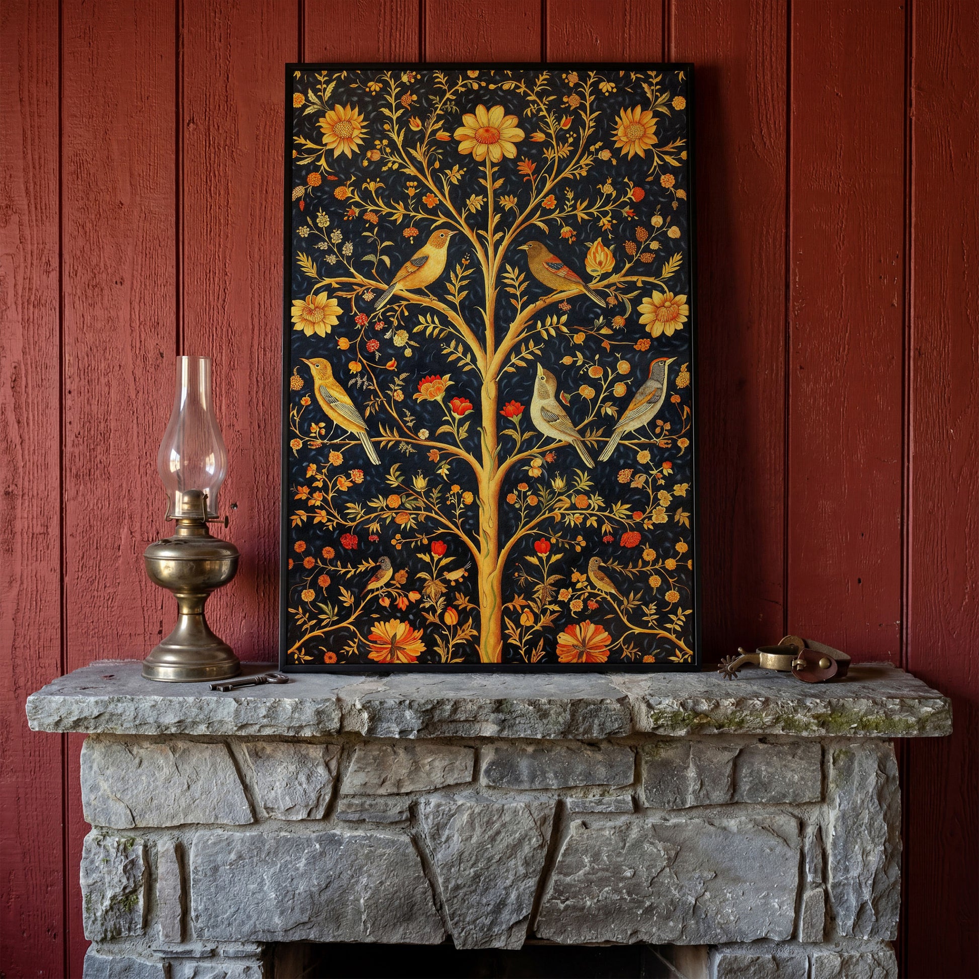Birds on Floral Tree Canvas Print in black floating frame