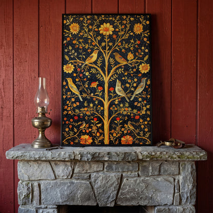 Birds on Floral Tree Canvas Print in black floating frame