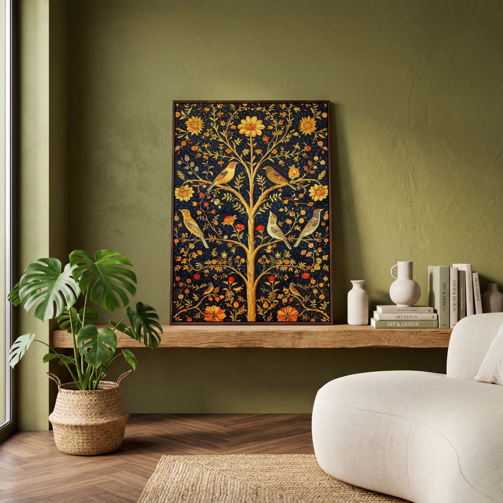 Birds on Floral Tree Canvas Print in dark walnut floating frame