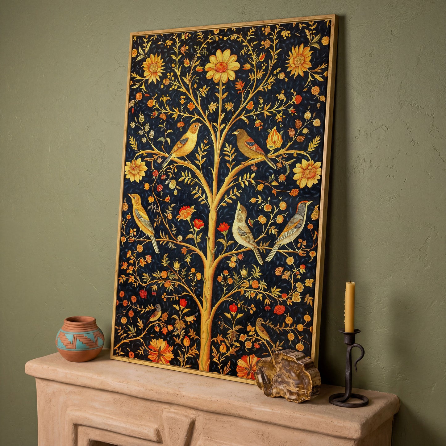 Birds on Floral Tree Canvas Print in white oak floating frame