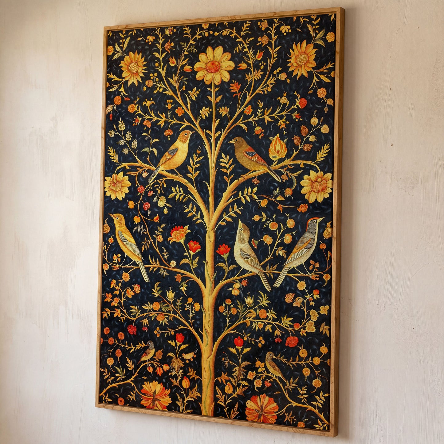 Birds on Floral Tree Canvas Print shown in white oak floating frame