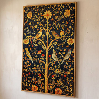 Birds on Floral Tree Canvas Print shown in white oak floating frame