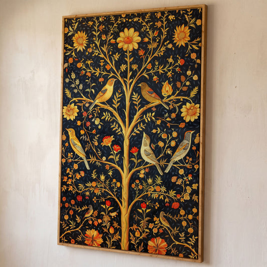 Birds on Floral Tree Canvas Print shown in white oak floating frame