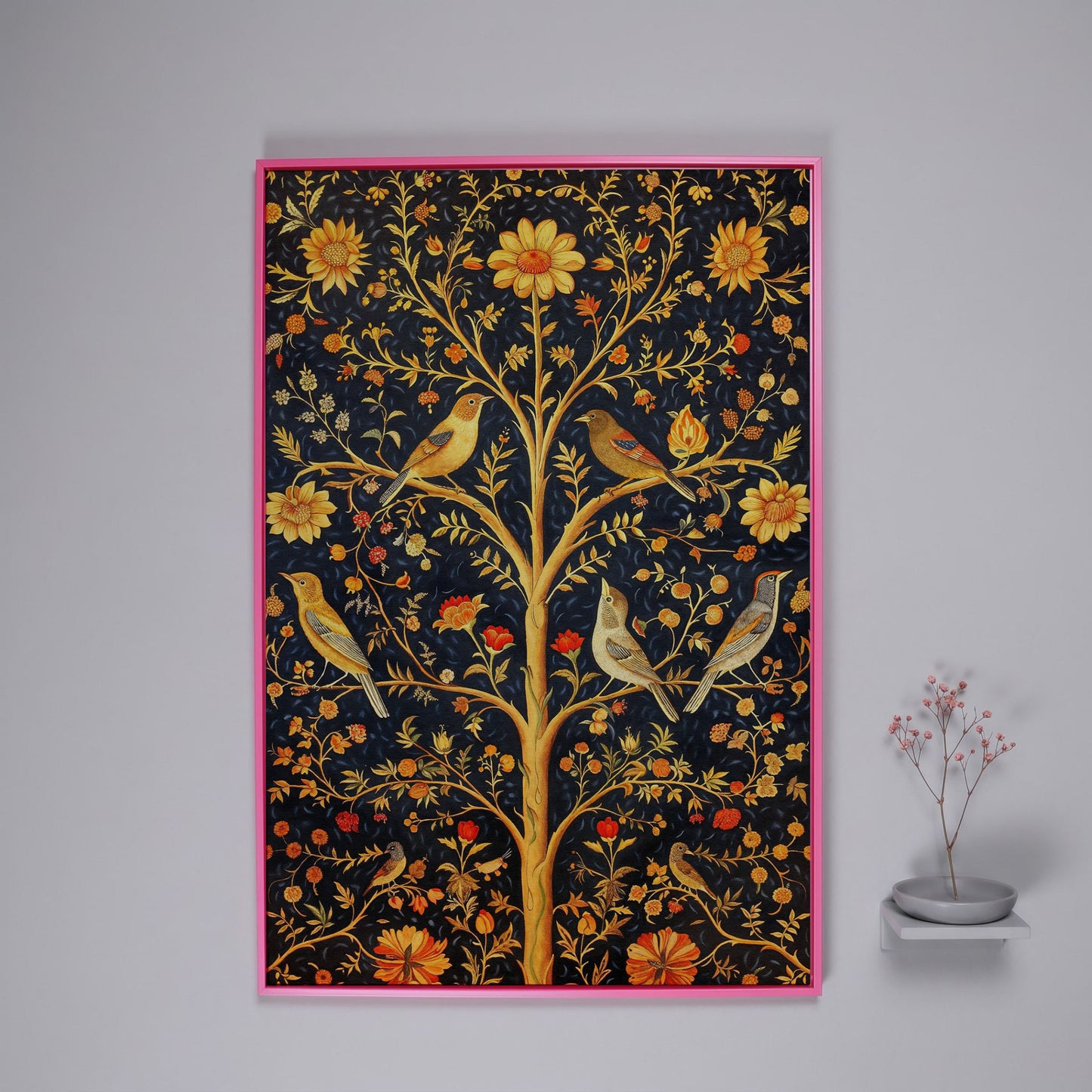 Birds on Floral Tree Canvas Print in pink floating frame