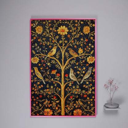 Birds on Floral Tree Canvas Print in pink floating frame