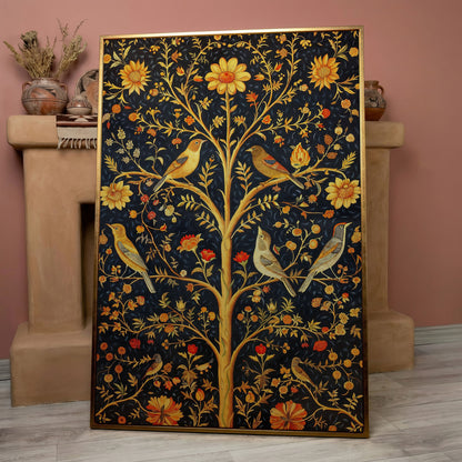 Birds on Floral Tree Canvas Print in rose gold floating frame