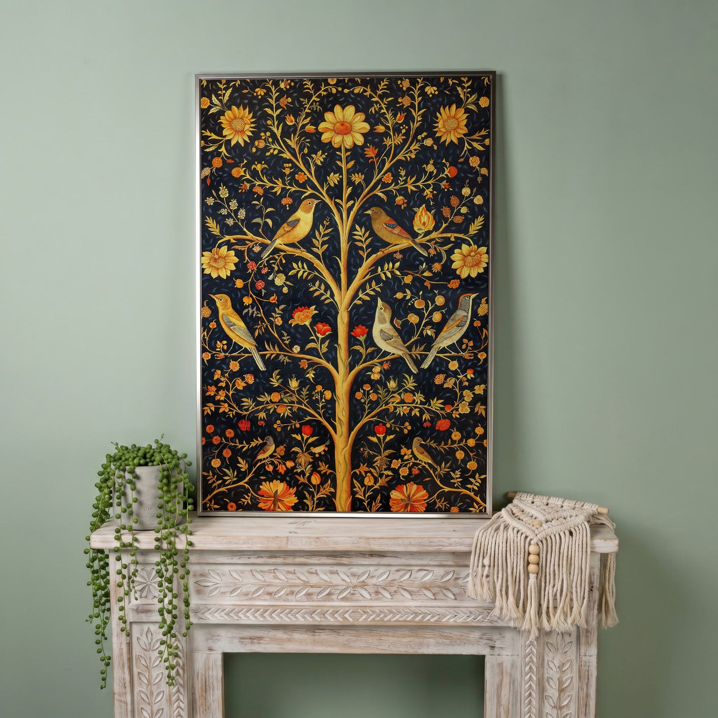 Birds on Floral Tree Canvas Print in silver floating frame