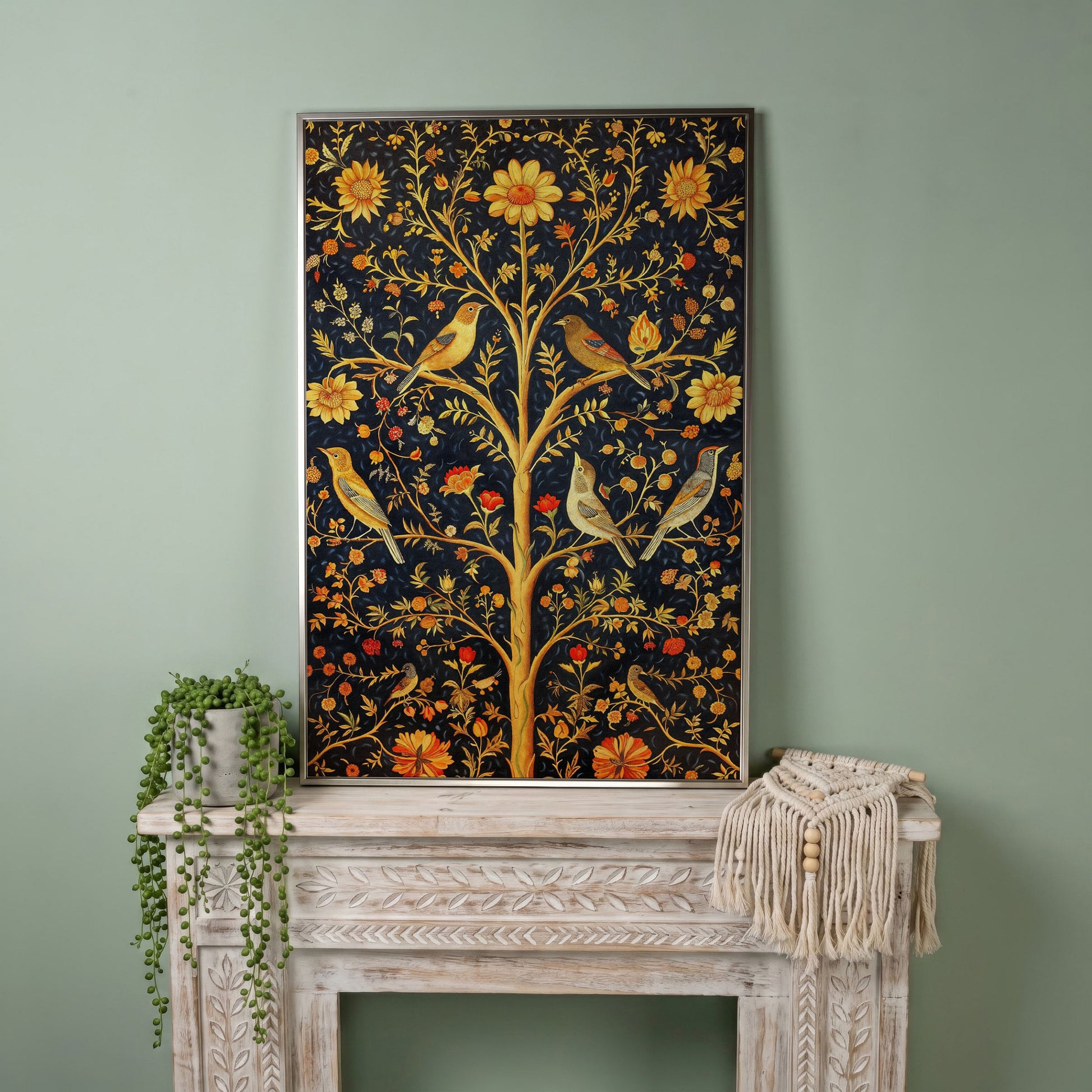 Birds on Floral Tree Canvas Print in silver floating frame