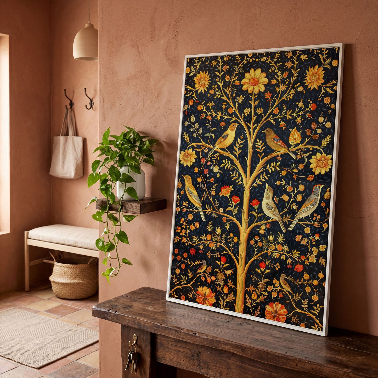 Birds on Floral Tree Canvas Print in white floating frame