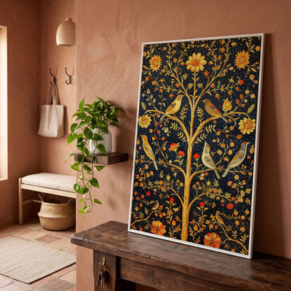 Birds on Floral Tree Canvas Print in white floating frame