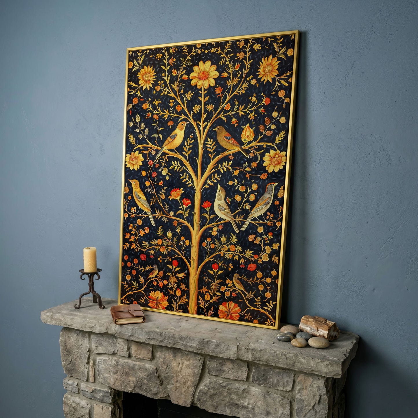 Birds on Floral Tree Canvas Print in yellow gold floating frame