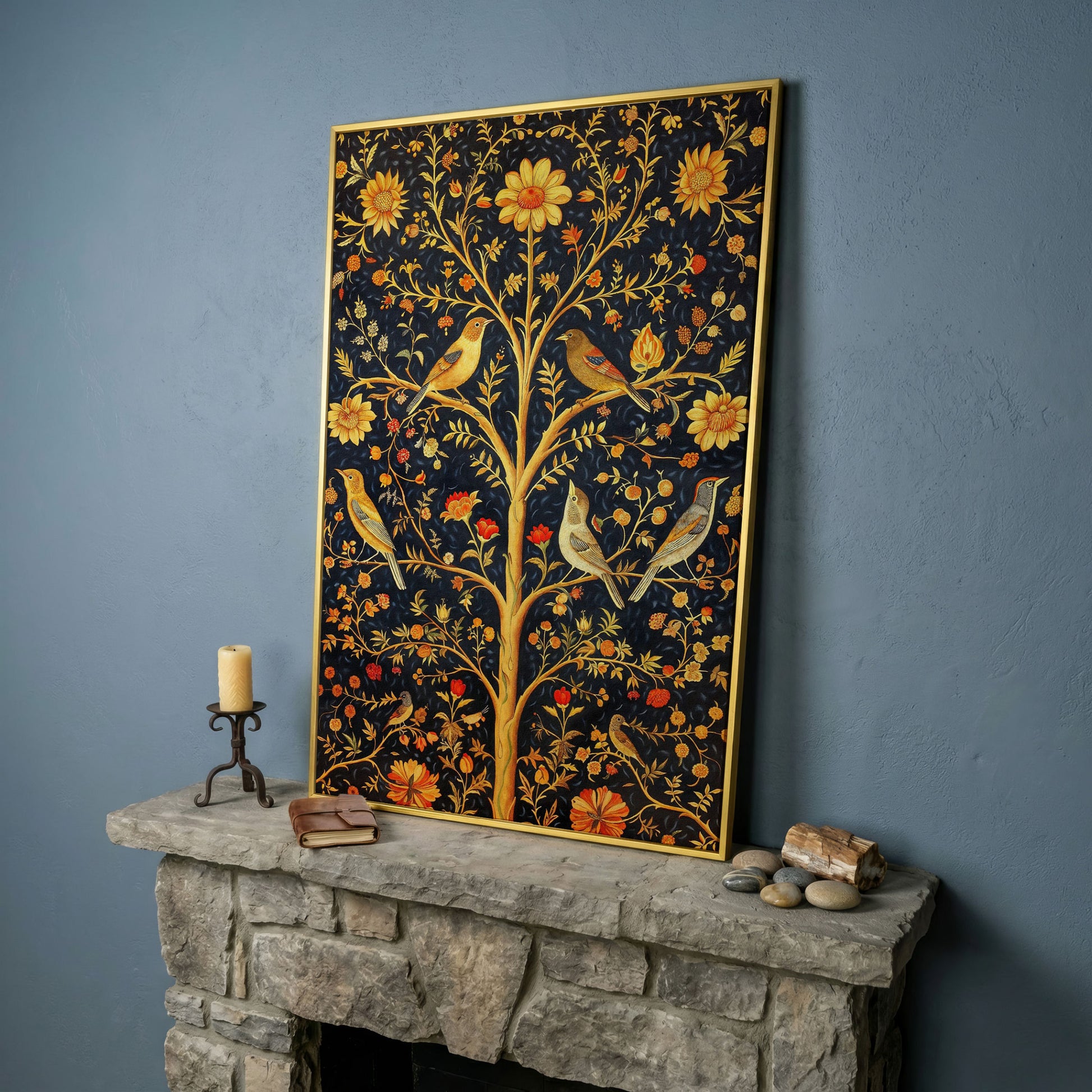 Birds on Floral Tree Canvas Print in yellow gold floating frame