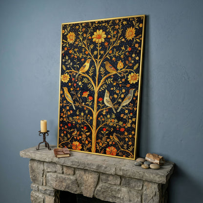 Birds on Floral Tree Canvas Print in yellow gold floating frame