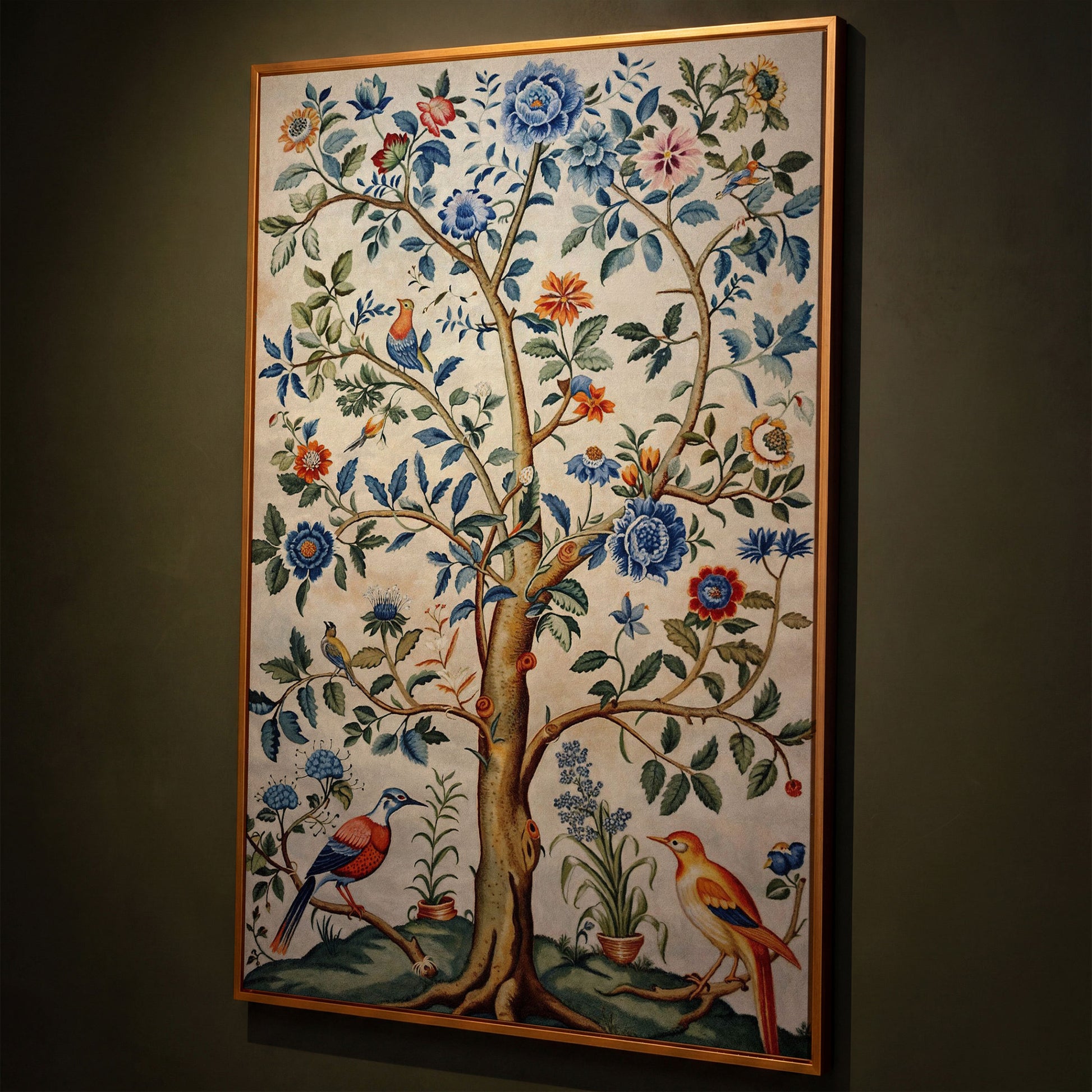 Vintage Botanical Tree with Birds Canvas shown in antique gold floating frame