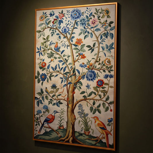 Vintage Botanical Tree with Birds Canvas shown in antique gold floating frame