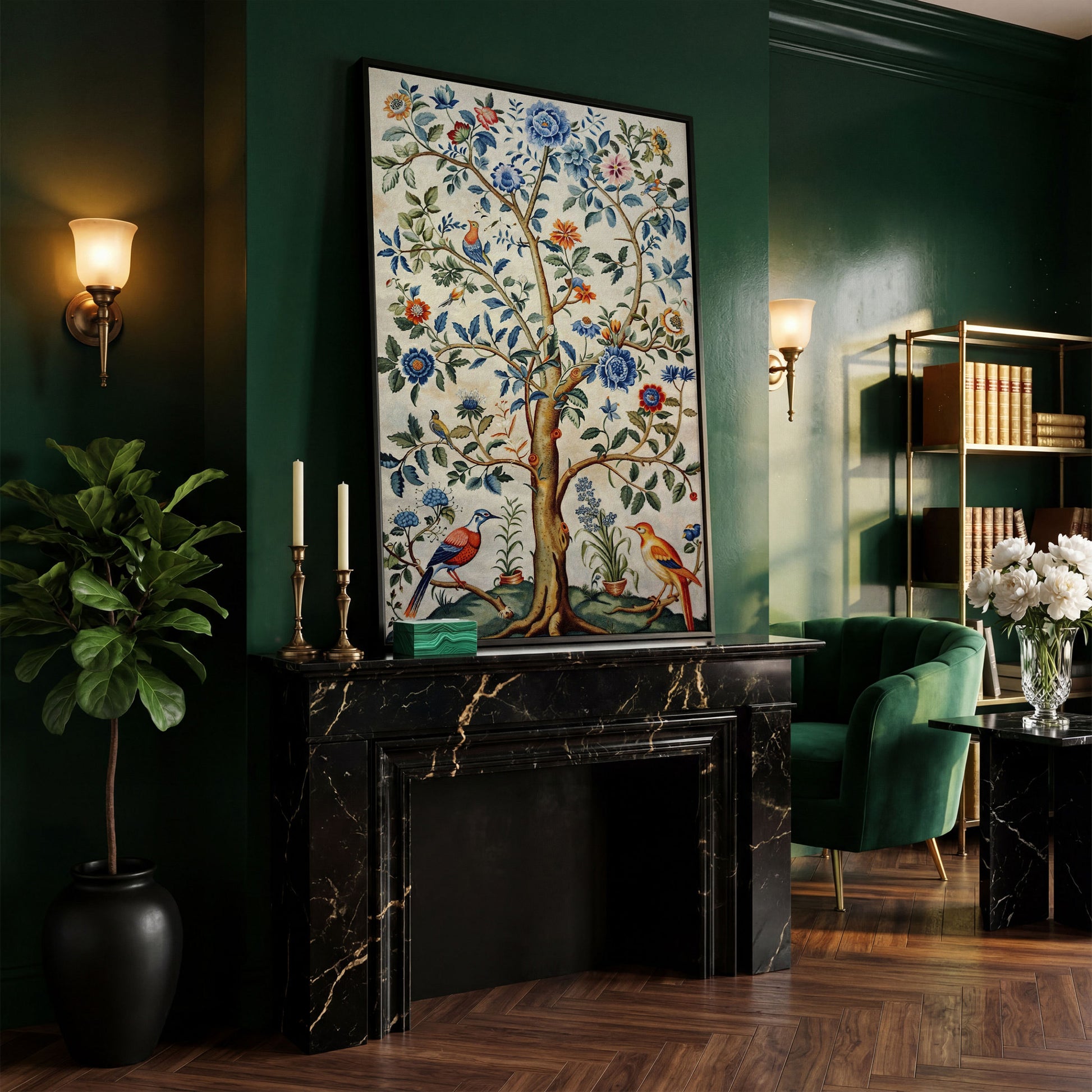 Vintage Botanical Tree with Birds Canvas in black floating frame