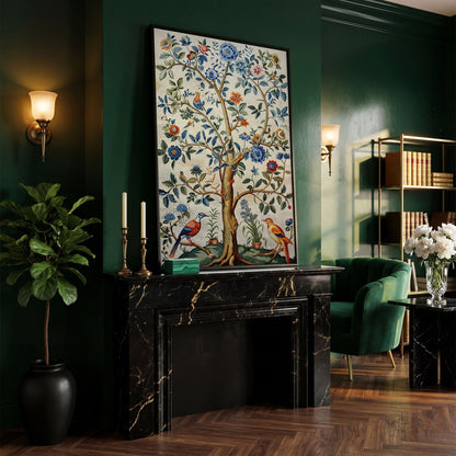 Vintage Botanical Tree with Birds Canvas in black floating frame