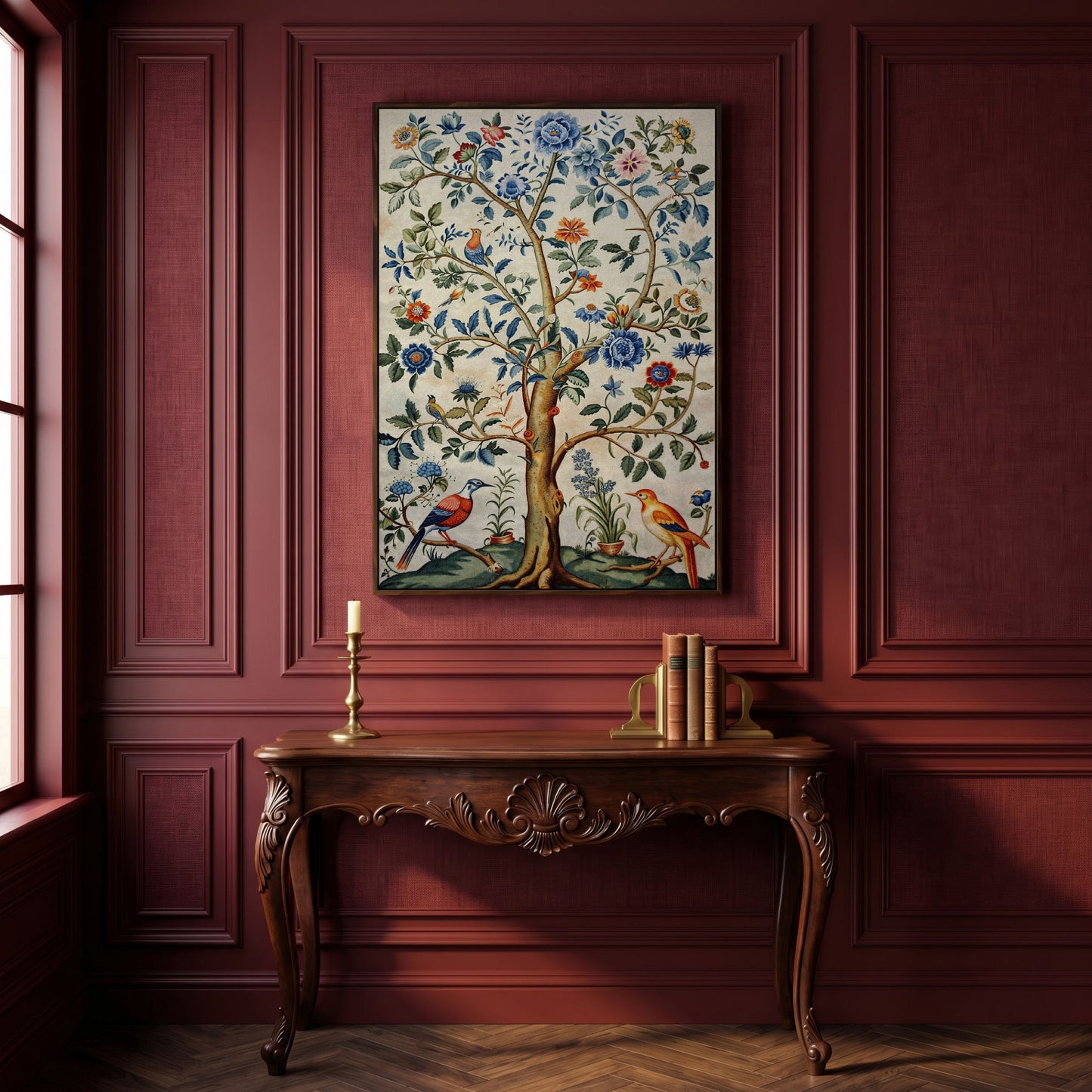 Vintage Botanical Tree with Birds Canvas in dark walnut floating frame