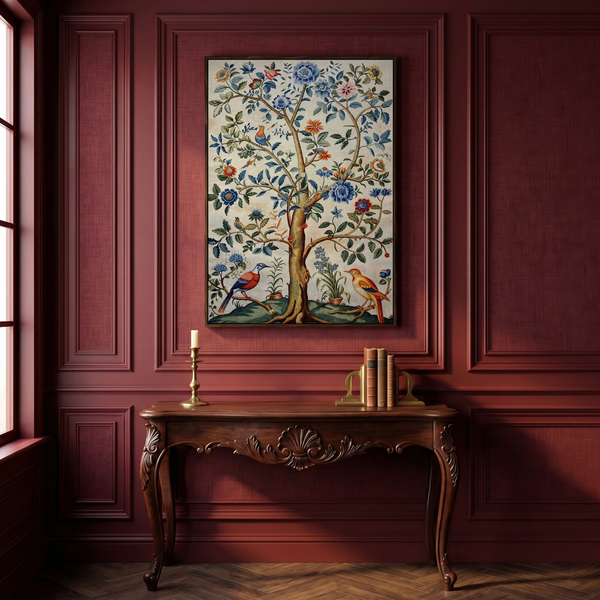 Vintage Botanical Tree with Birds Canvas in dark walnut floating frame