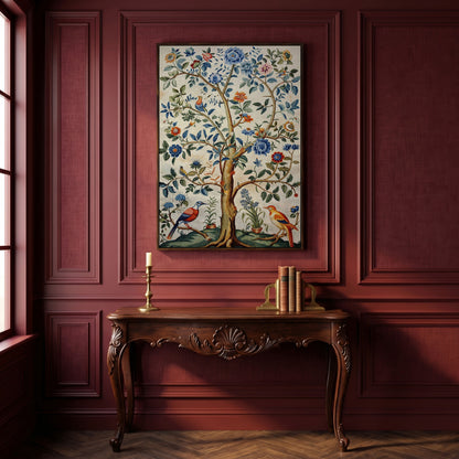 Vintage Botanical Tree with Birds Canvas in dark walnut floating frame