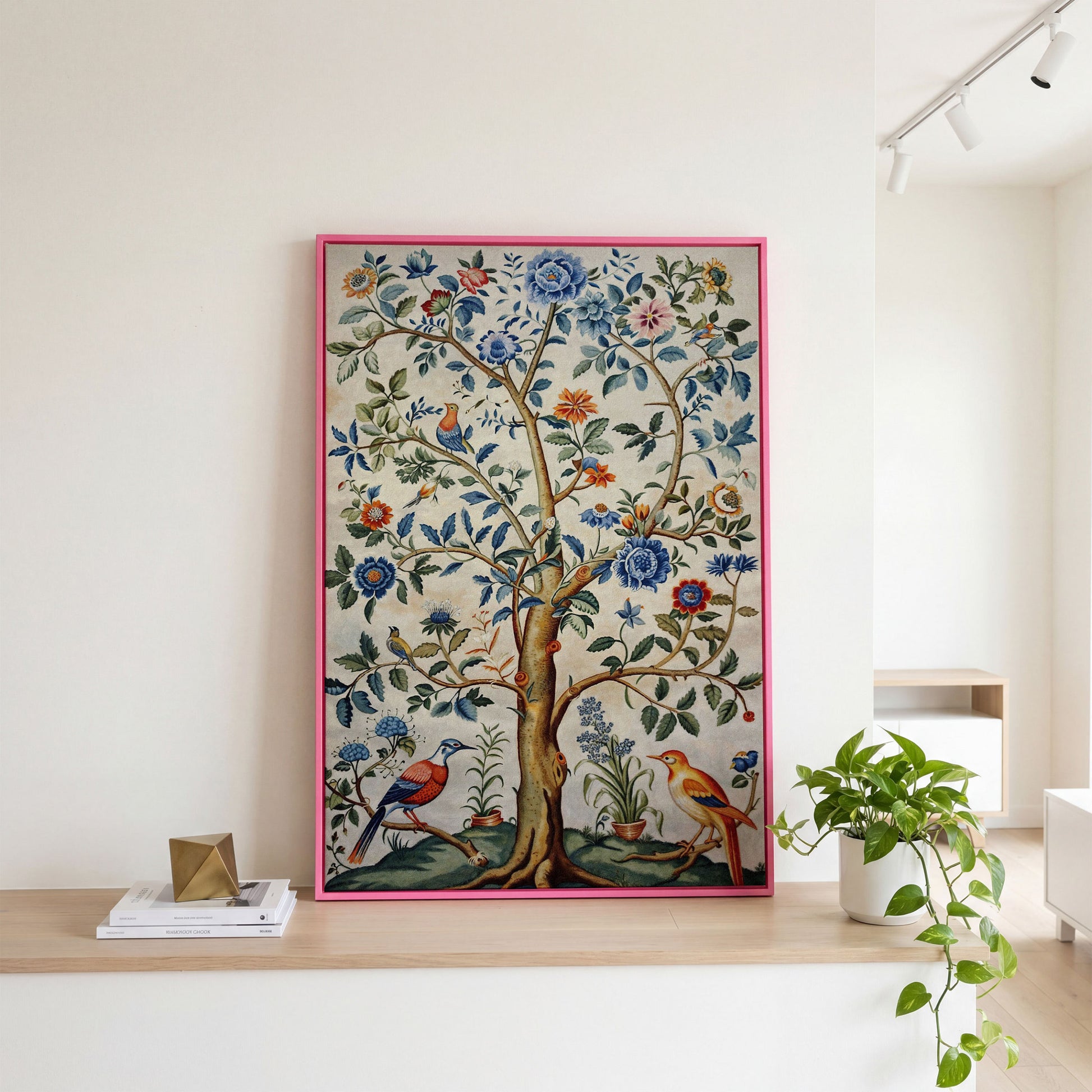 Vintage Botanical Tree with Birds Canvas in pink floating frame
