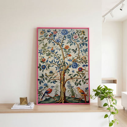 Vintage Botanical Tree with Birds Canvas in pink floating frame