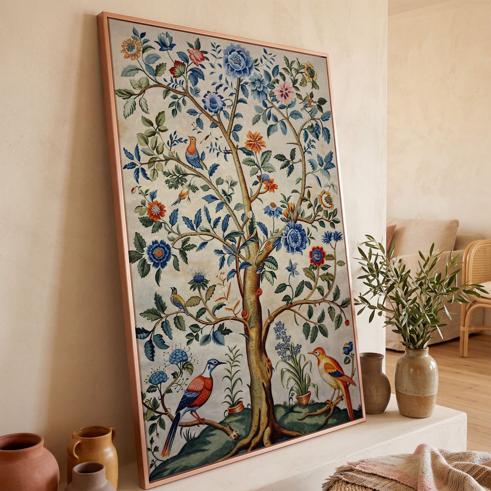 Vintage Botanical Tree with Birds Canvas in rose gold floating frame