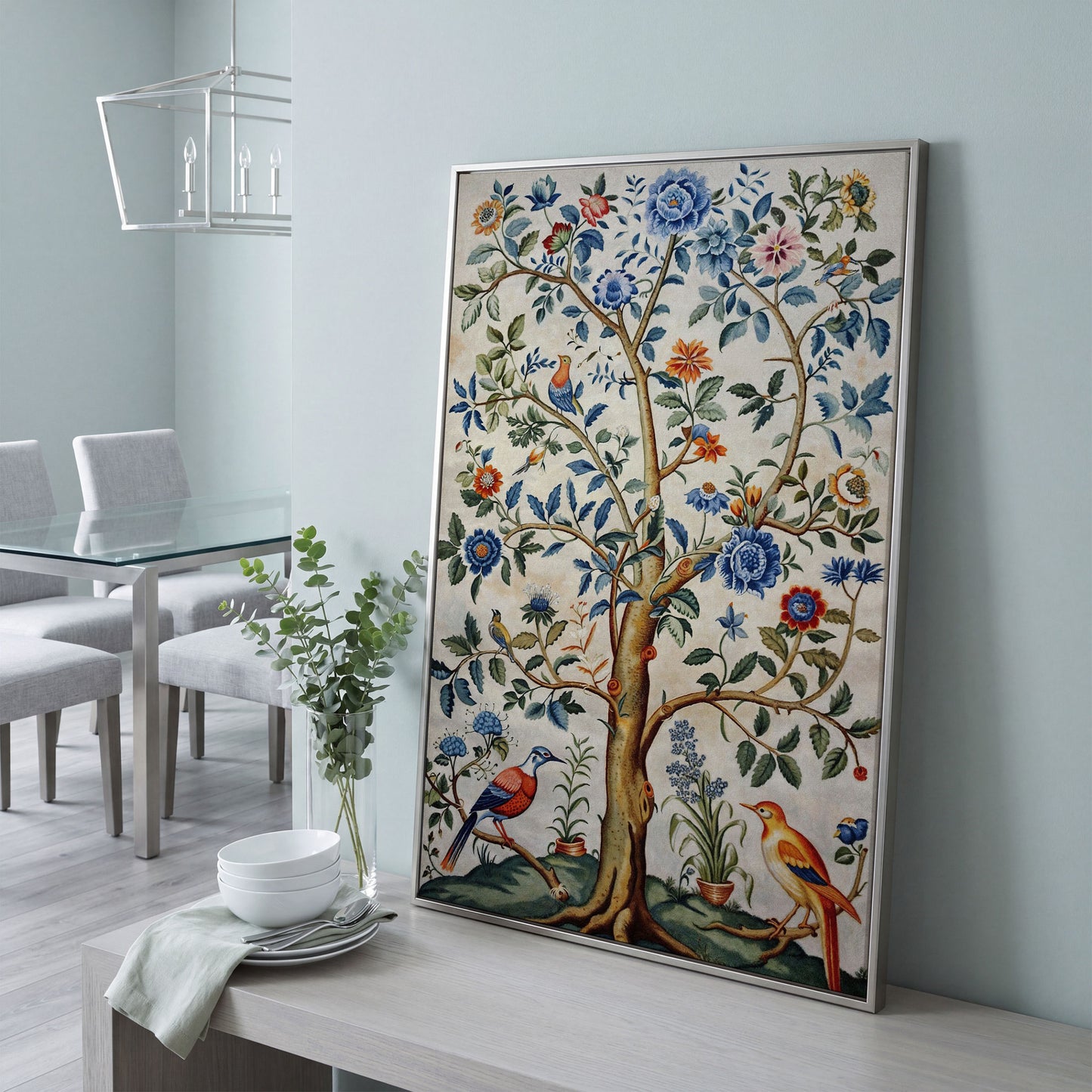 Vintage Botanical Tree with Birds Canvas in silver floating frame