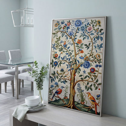 Vintage Botanical Tree with Birds Canvas in silver floating frame