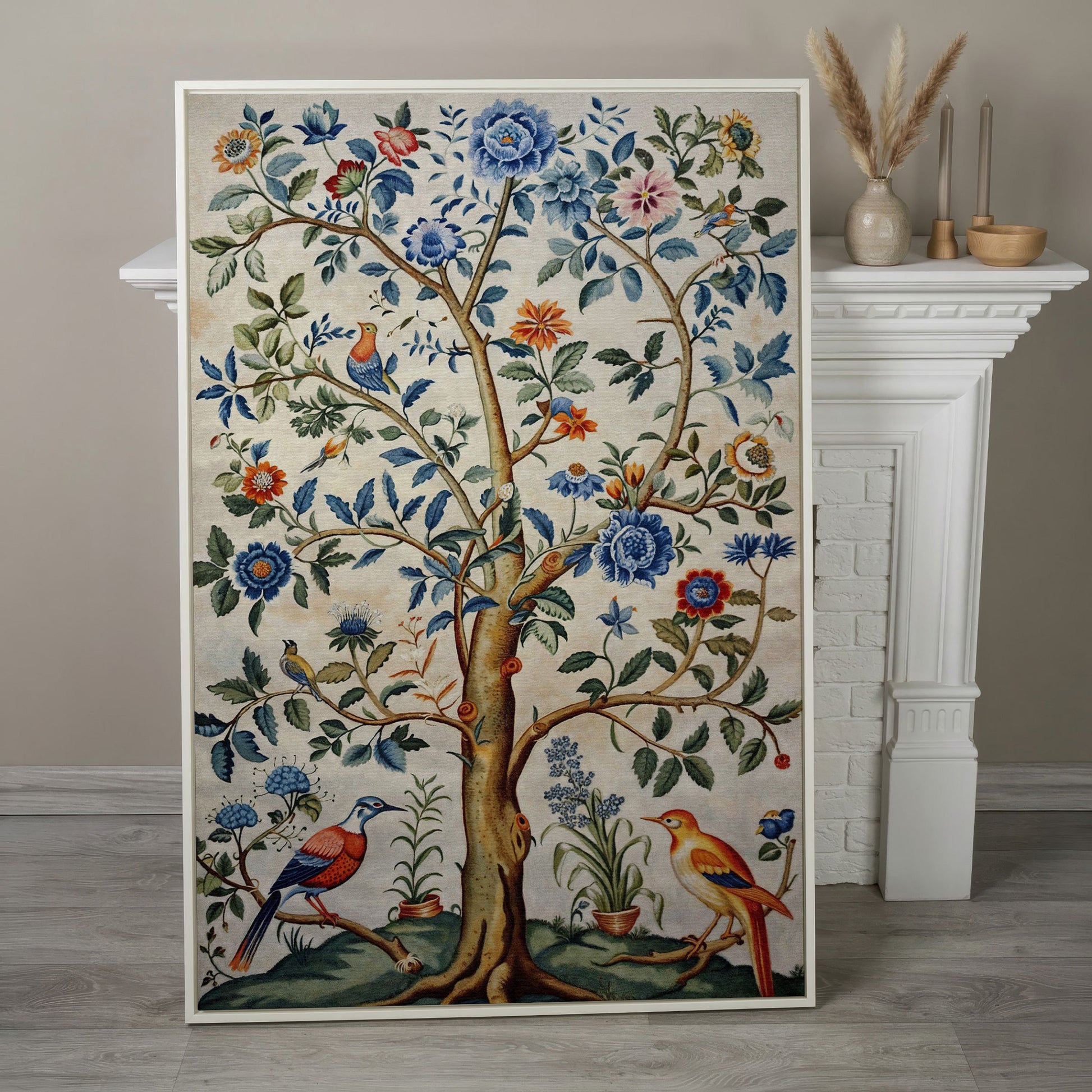 Vintage Botanical Tree with Birds Canvas in white floating frame