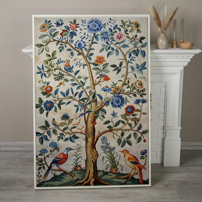 Vintage Botanical Tree with Birds Canvas in white floating frame