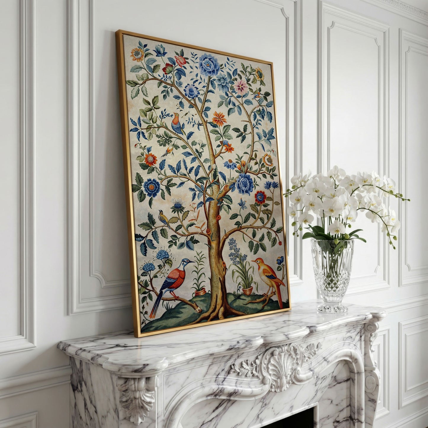 Vintage Botanical Tree with Birds Canvas in yellow gold floating frame