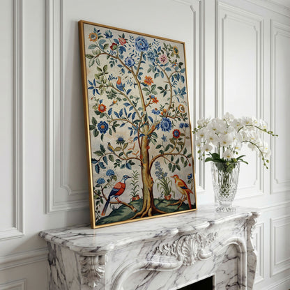 Vintage Botanical Tree with Birds Canvas in yellow gold floating frame
