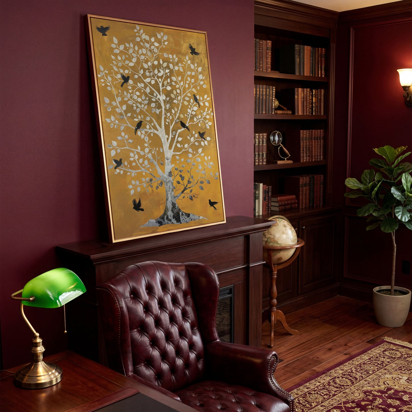 Tree of Life with Birds Canvas Print in Silver and Mustard in antique gold floating frame