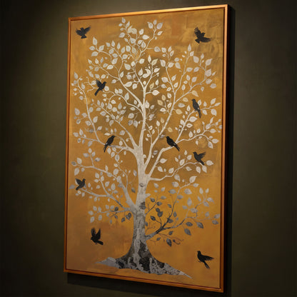 Tree of Life with Birds Canvas Print in Silver and Mustard shown in antique gold floating frame