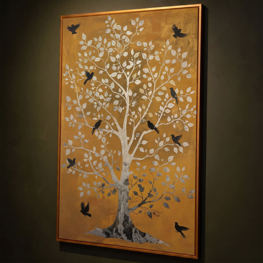 Tree of Life with Birds Canvas Print in Silver and Mustard shown in antique gold floating frame