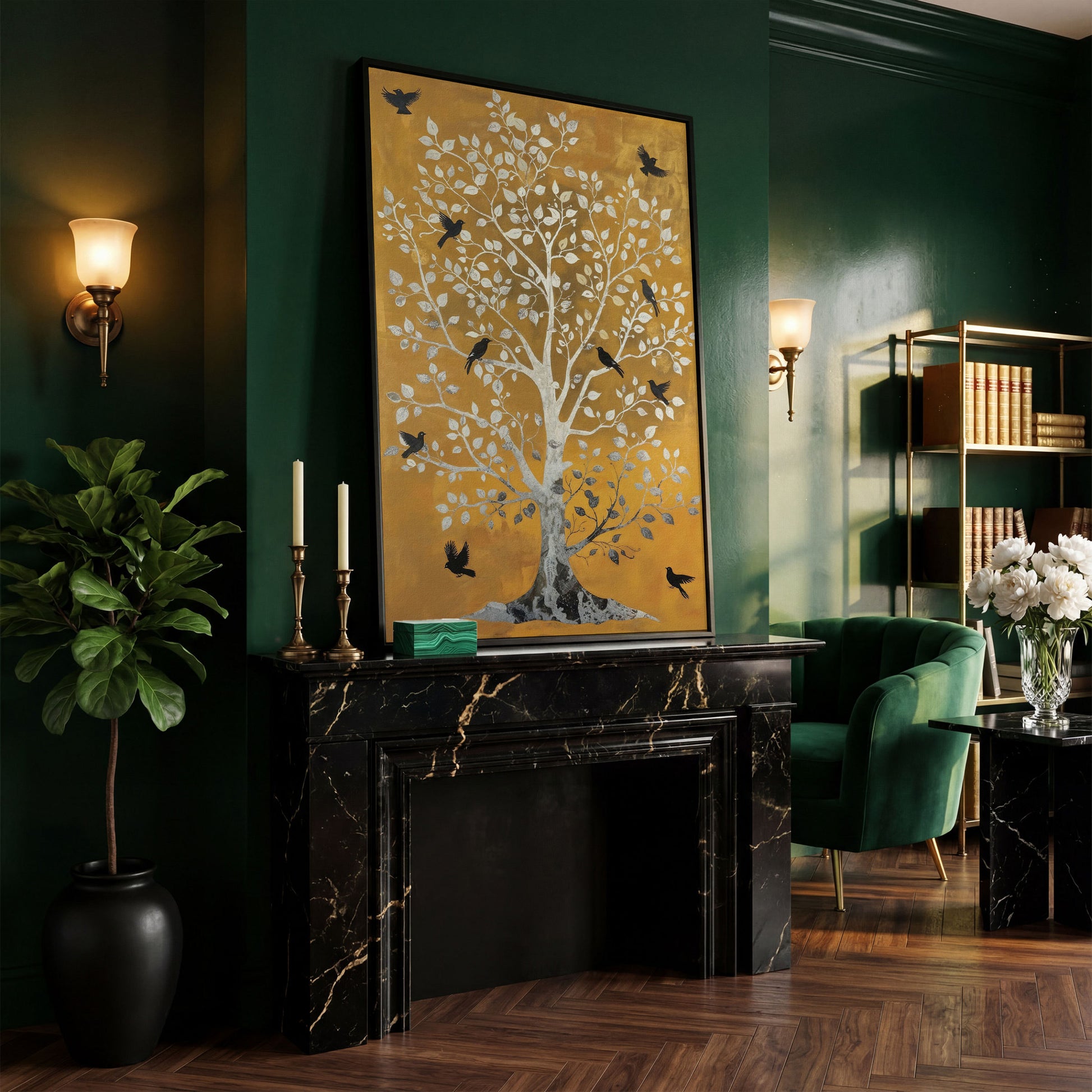 Tree of Life with Birds Canvas Print in Silver and Mustard in black floating frame