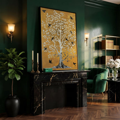 Tree of Life with Birds Canvas Print in Silver and Mustard in black floating frame