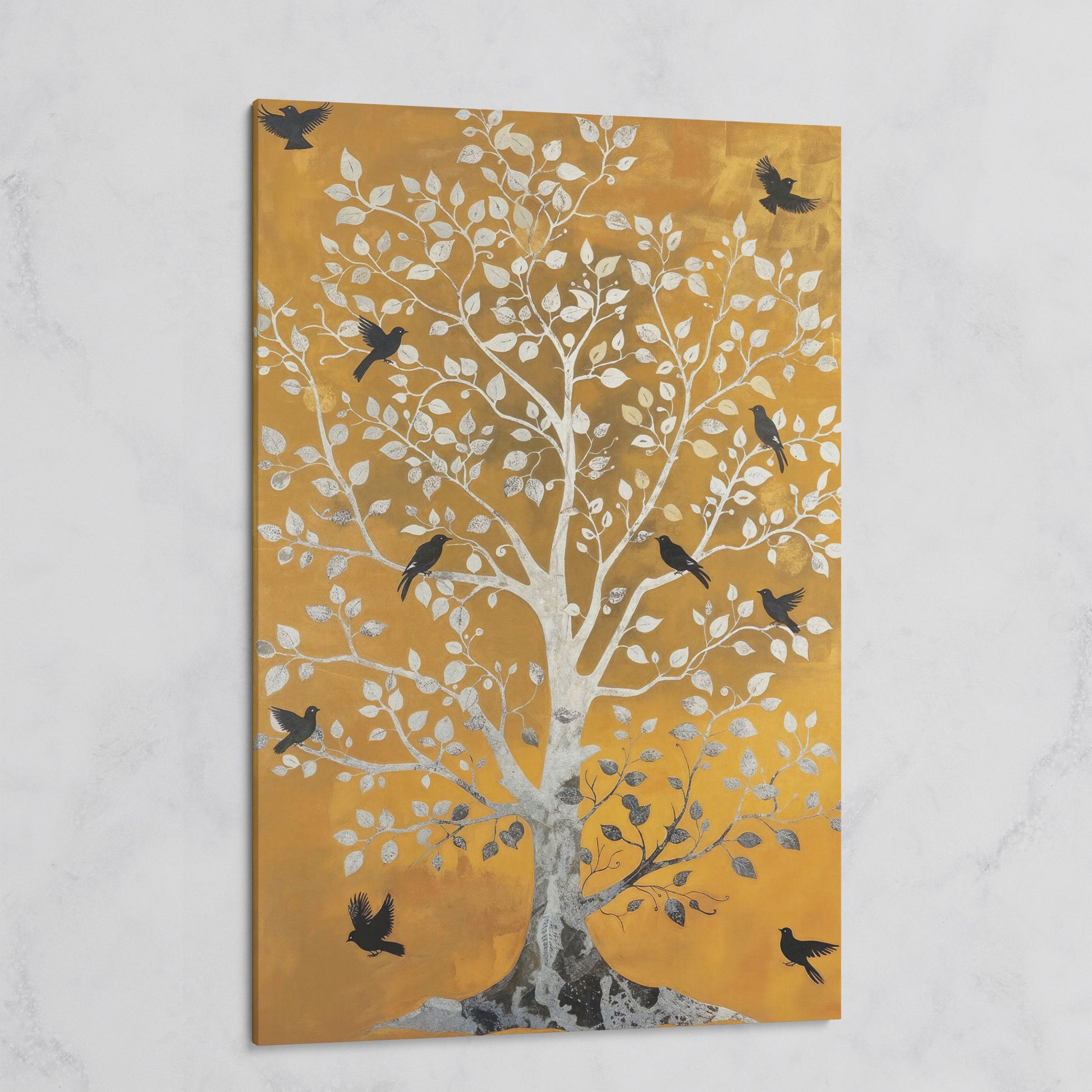 Tree of Life with Birds Canvas Print in Silver and Mustard on gallery wrap