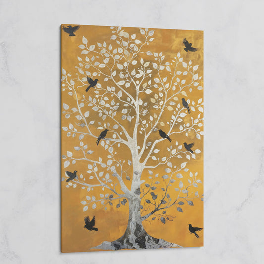 Tree of Life with Birds Canvas Print in Silver and Mustard on gallery wrap