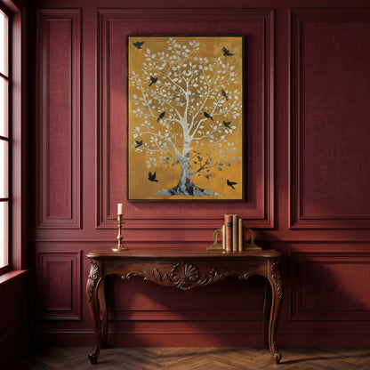 Tree of Life with Birds Canvas Print in Silver and Mustard in dark walnut floating frame