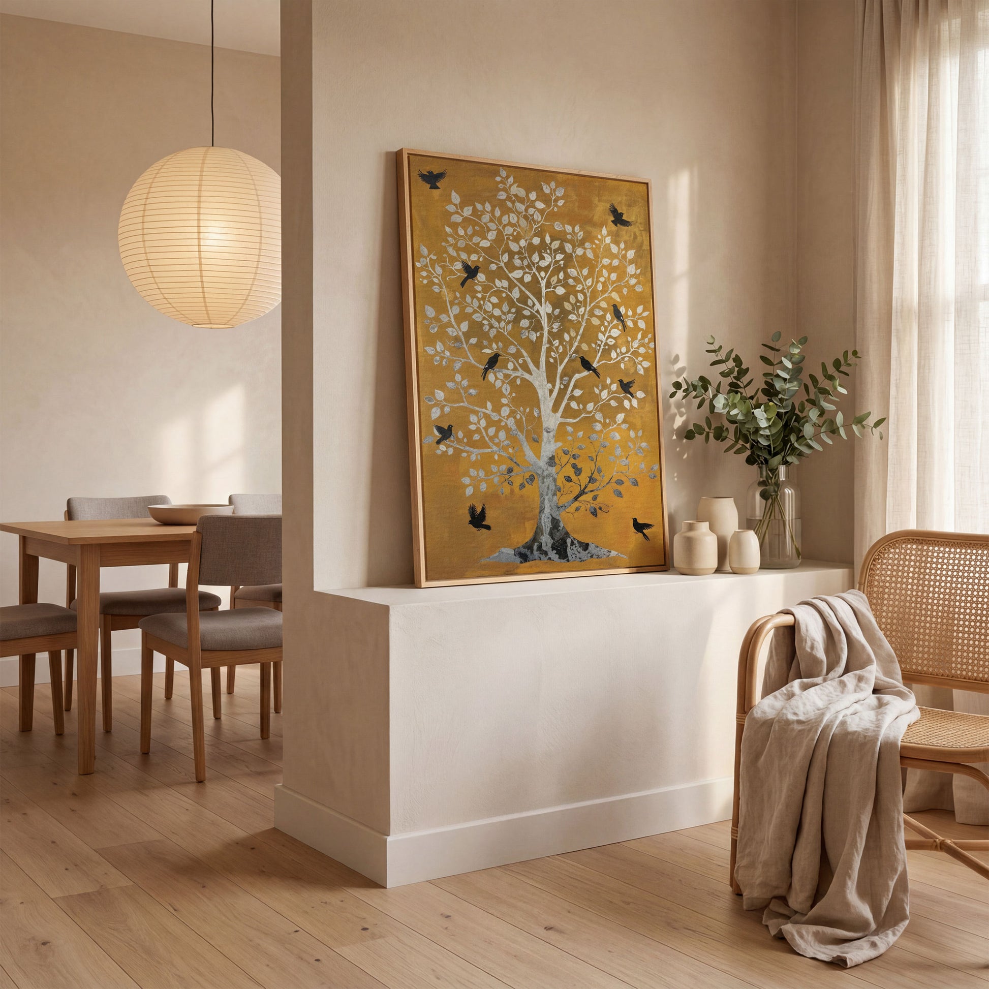 Tree of Life with Birds Canvas Print in Silver and Mustard in white oak floating frame