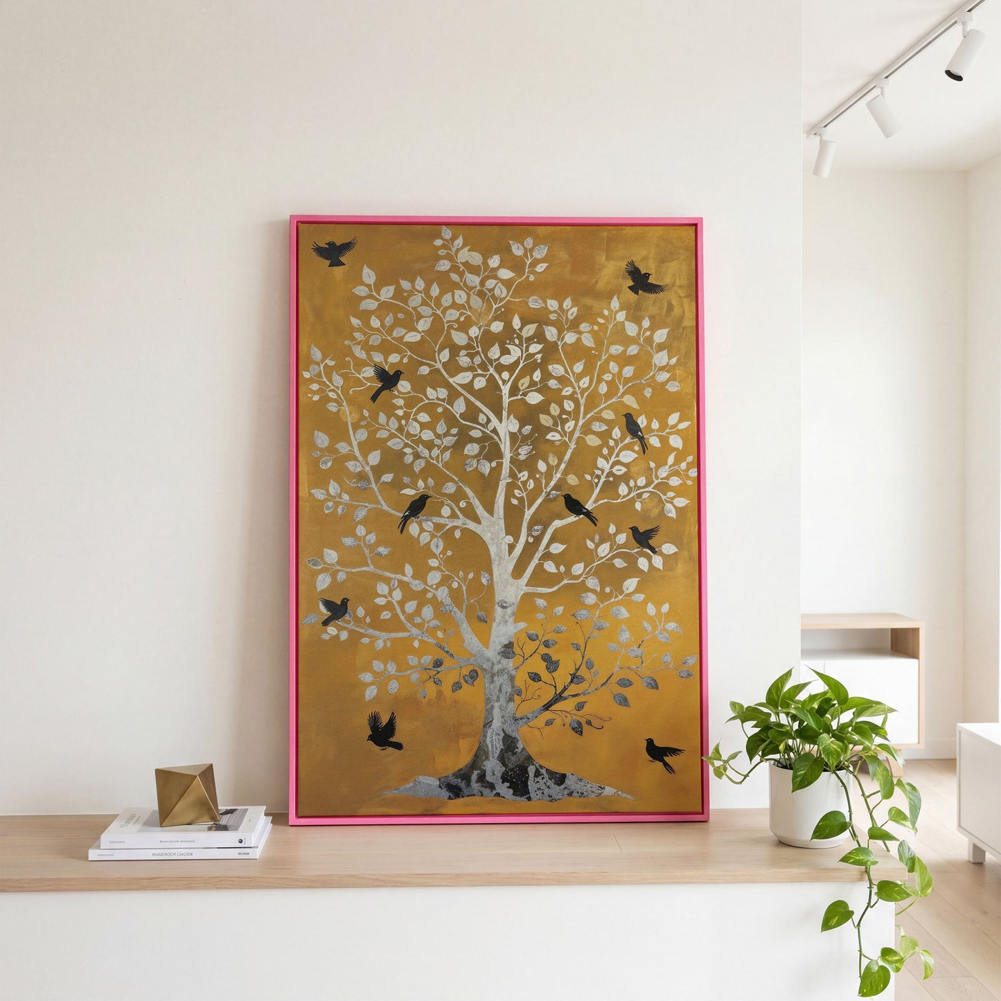 Tree of Life with Birds Canvas Print in Silver and Mustard in pink floating frame