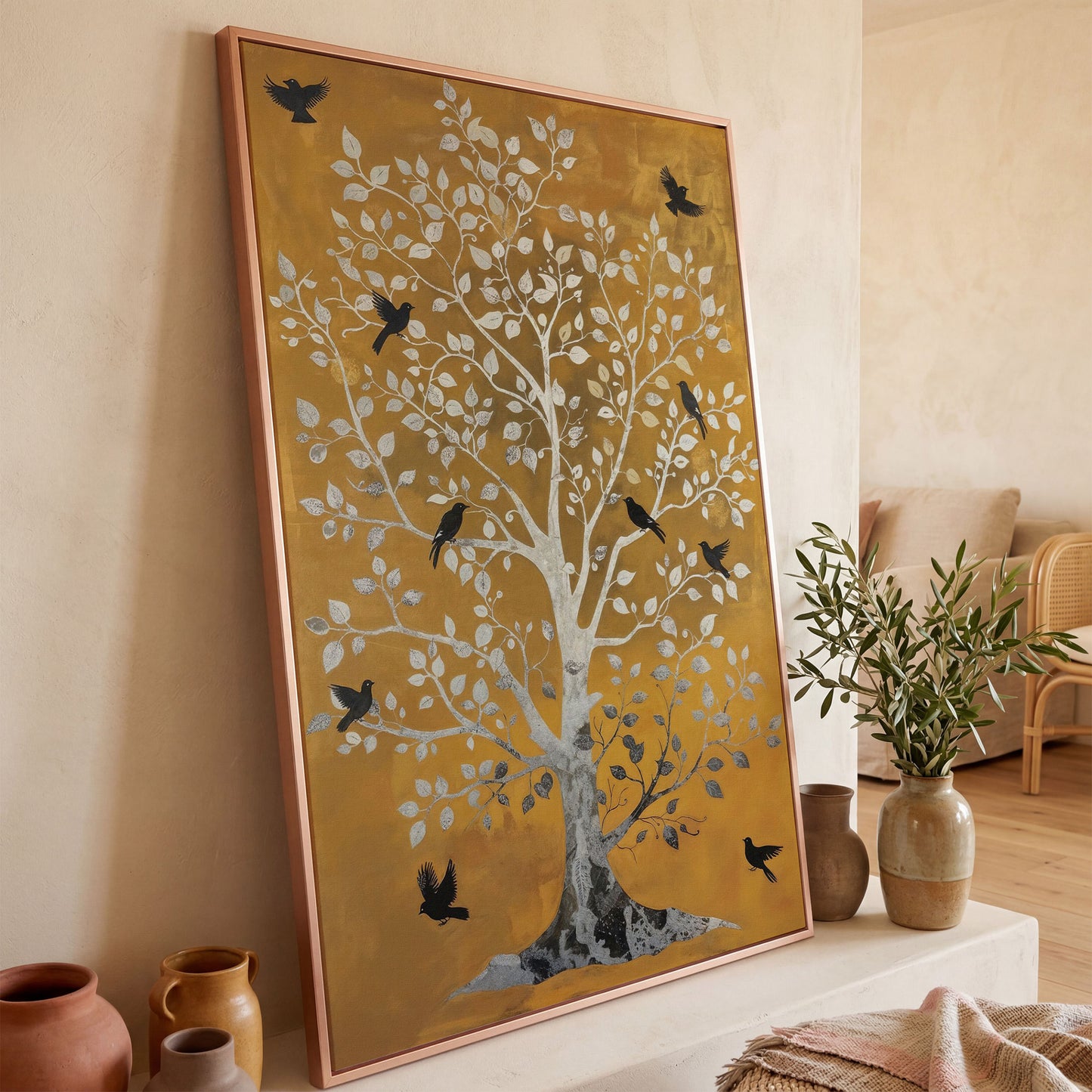 Tree of Life with Birds Canvas Print in Silver and Mustard in rose gold floating frame