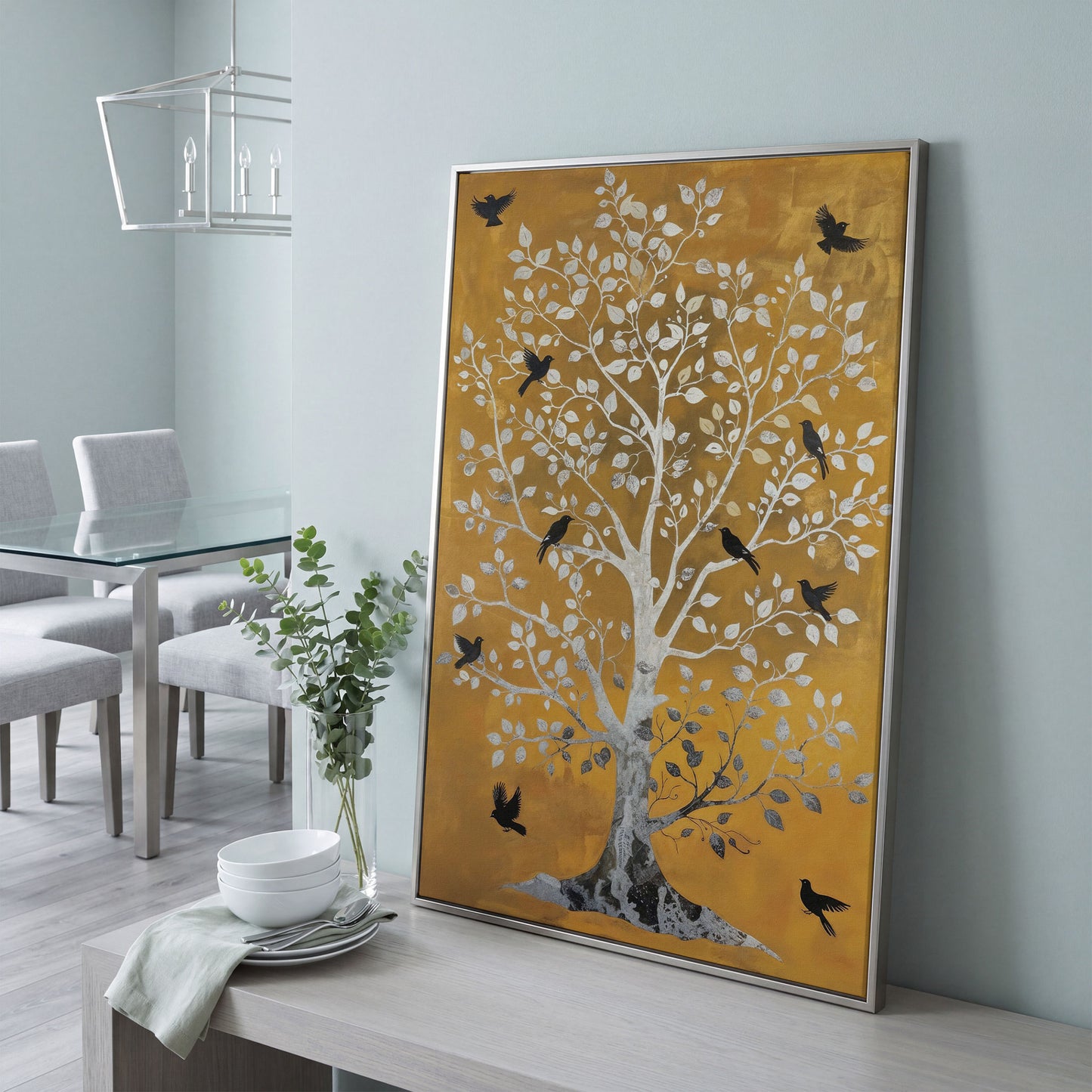 Tree of Life with Birds Canvas Print in Silver and Mustard in silver floating frame
