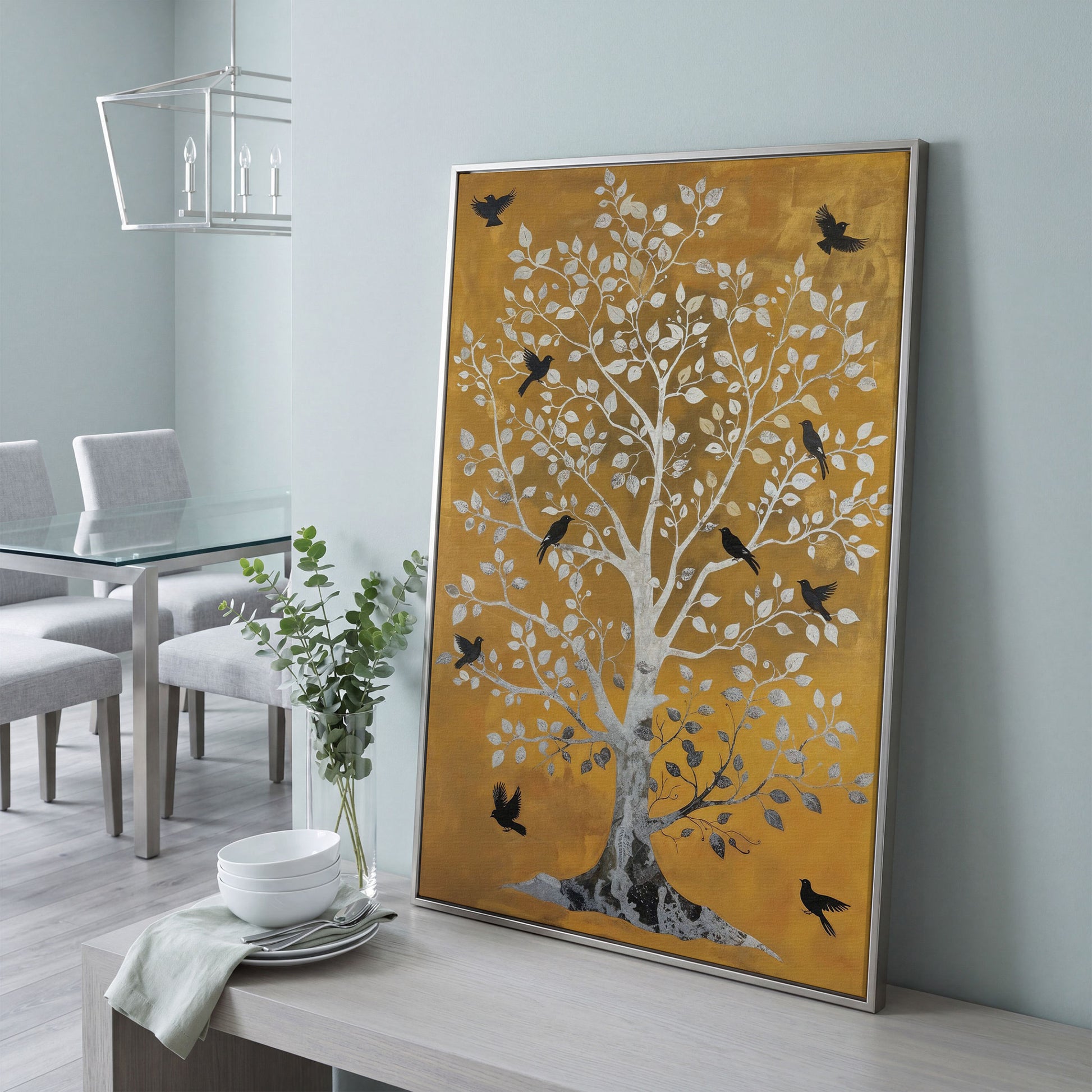 Tree of Life with Birds Canvas Print in Silver and Mustard in silver floating frame