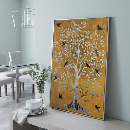 Tree of Life with Birds Canvas Print in Silver and Mustard in silver floating frame