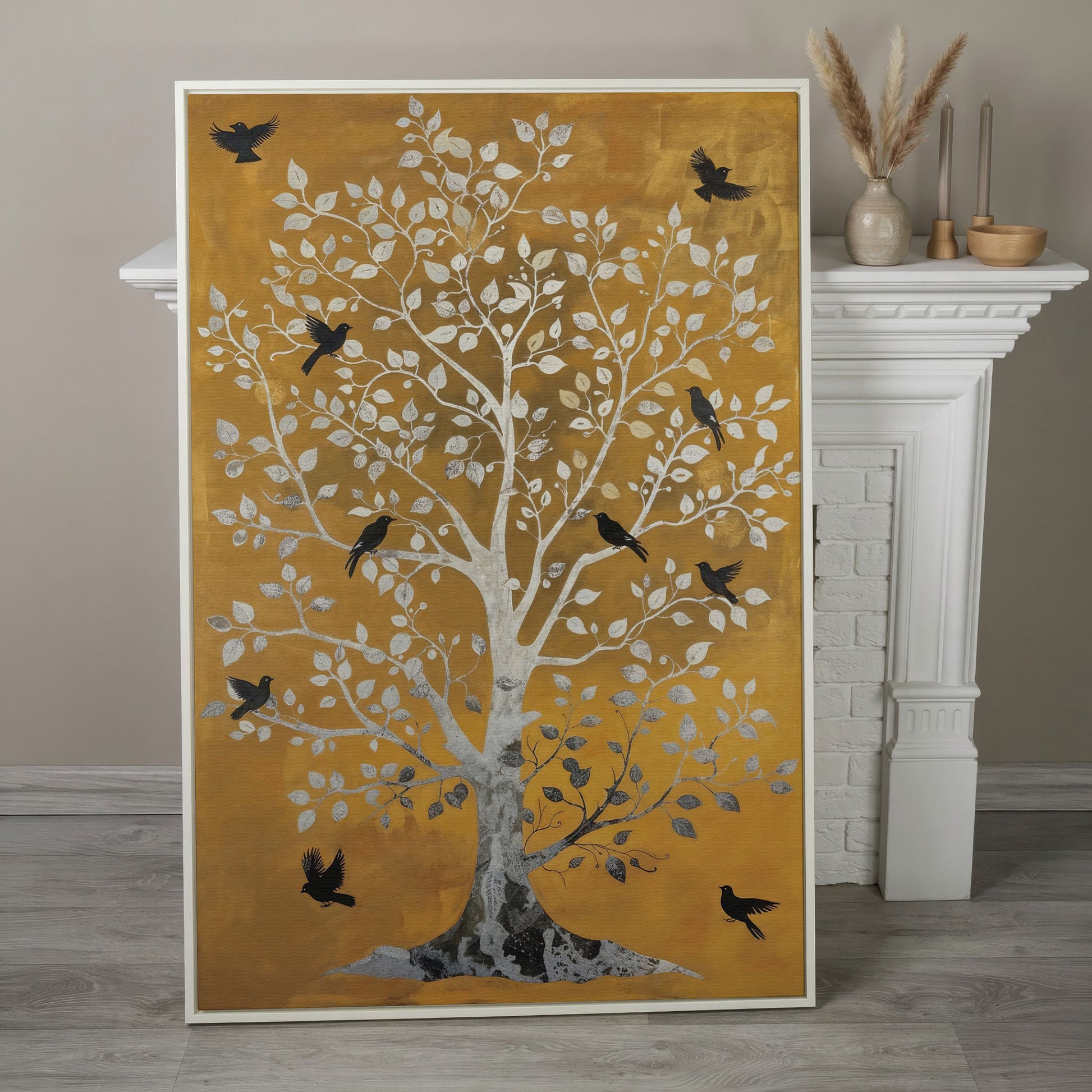 Tree of Life with Birds Canvas Print in Silver and Mustard in white floating frame