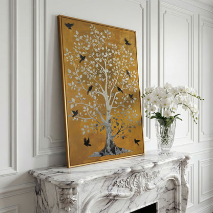 Tree of Life with Birds Canvas Print in Silver and Mustard in yellow gold floating frame